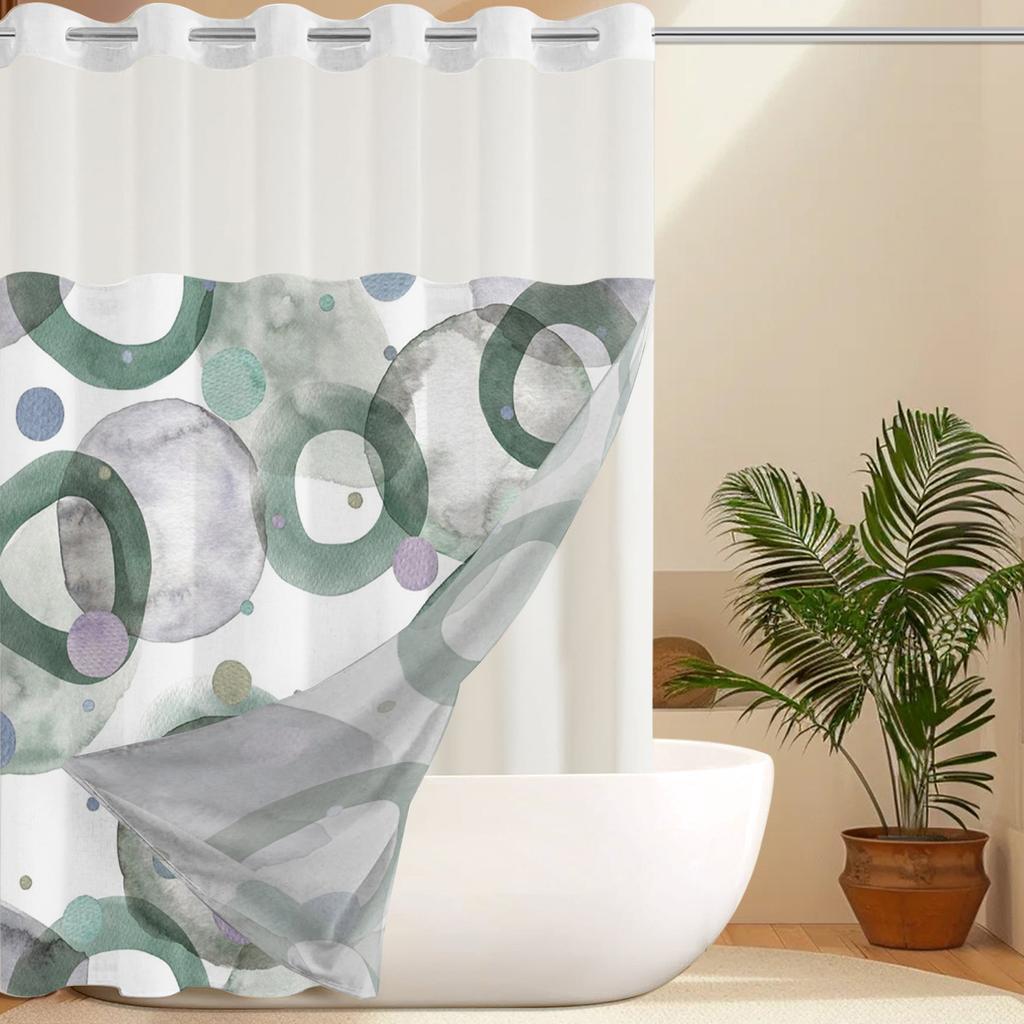 No Hook Geometric  pattern Shower Curtain With Snap-in Fabric Liner, Sheer Top Window, Waterproof Double Layer Bathtub curtain