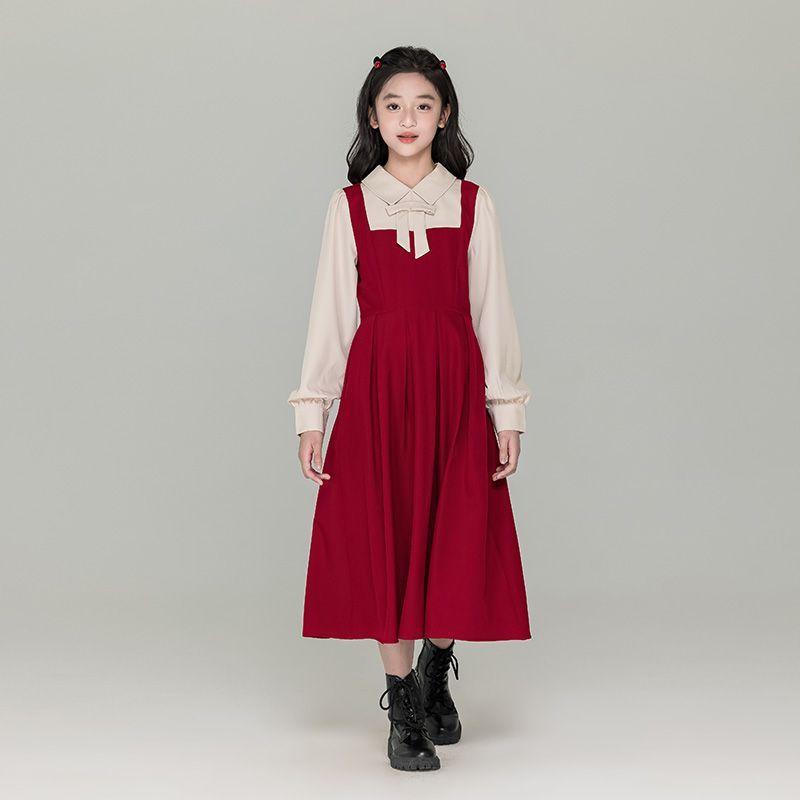 Girls' Color-blocked Faux Two-piece Long-sleeved Dress - Fall/Winter Children's Fashionable Princess Dress