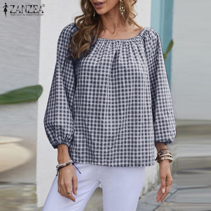

ZANZEA Женская повседневная летняя блузка с круглым вырезом и рукавом девять четвертей в клетку