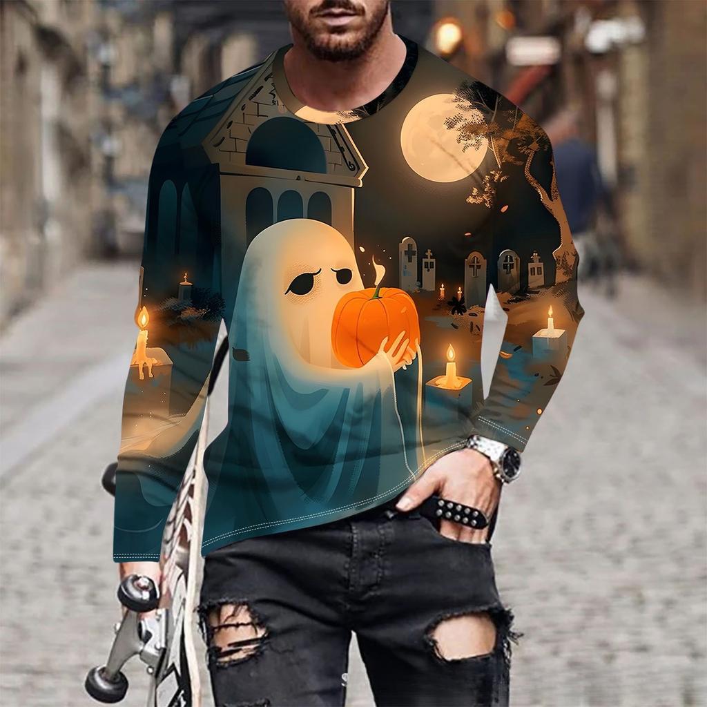 Ghost New Printed Men's Long Sleeved Round Neck T-shirt Autumn Winter Loose Comfortable Fashionable T-shirt