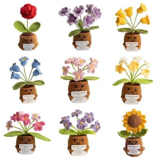 Heklet potteplante med positivt kort Emosjonell støtte Håndlaget strikket potteplante Dukke Stressreduserende leketøy Skrivebordsdekorasjon Ornament