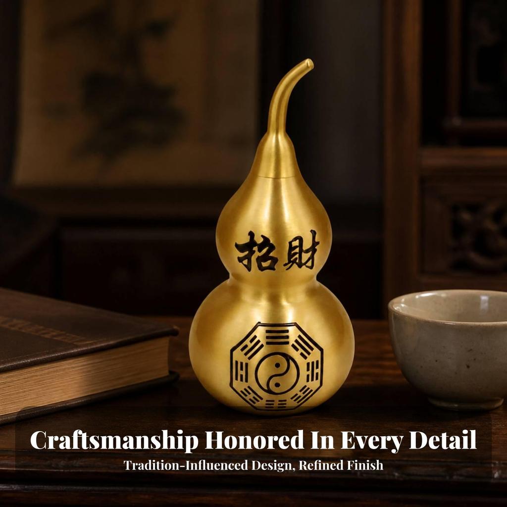 Feng Shui Brass Gourd with Bagua Symbol | DoubleLobed Shape, Calabash YinYang Motif, for