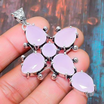 Bezaubernder Kreuz-Rosa-Chalcedon-Edelstein, handgefertigter Schmuckanhänger aus 925er Sterlingsilber