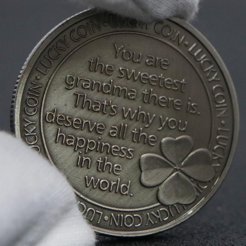 Grandma's Antique Silver Four-Leaf Clover Lucky Coin Thanksgiving Gift Badge