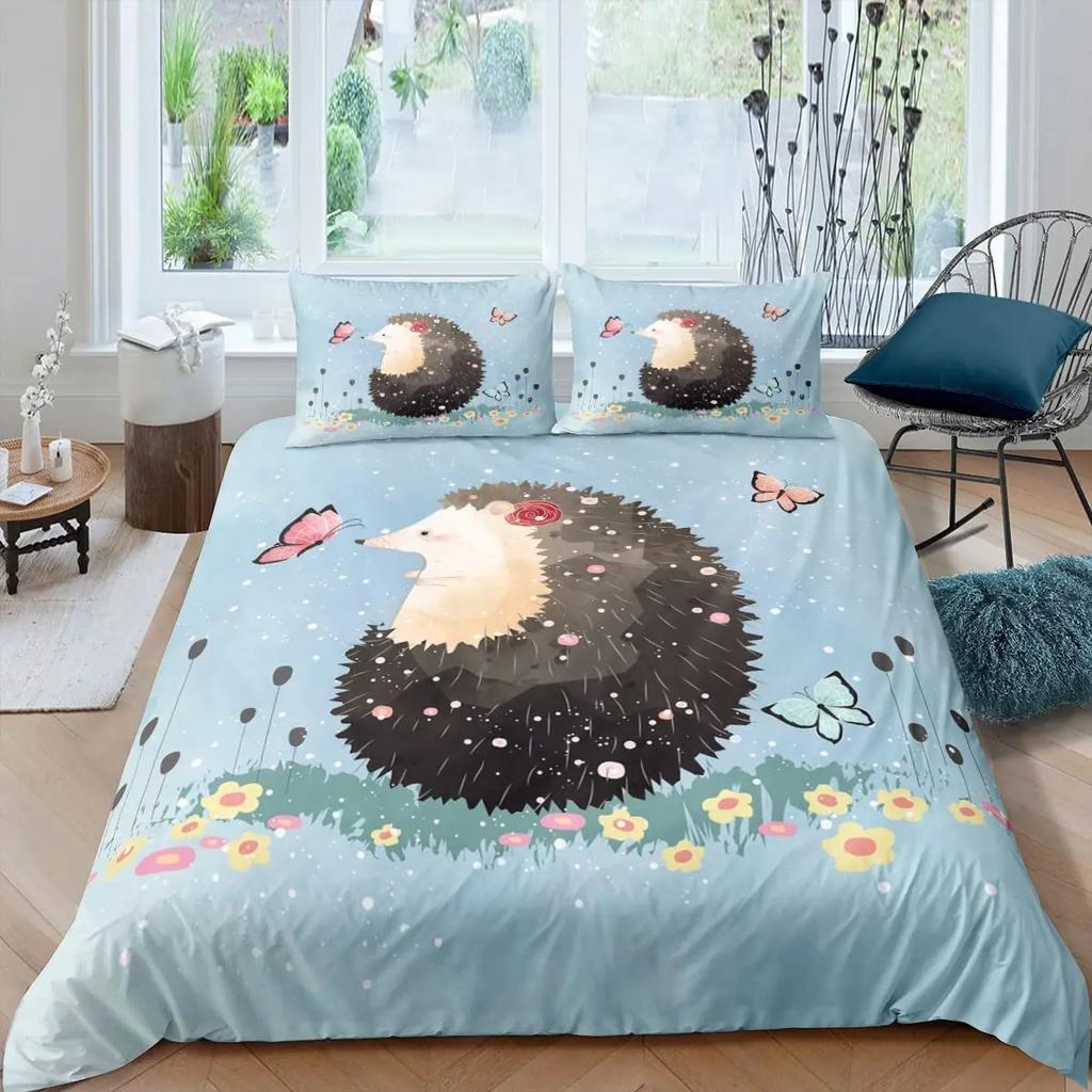 Comforter Cartoon Hedgehog Bedding Set Cute Hedgehog Flower Pattern Polyester Comforter Wildlife With Zipper