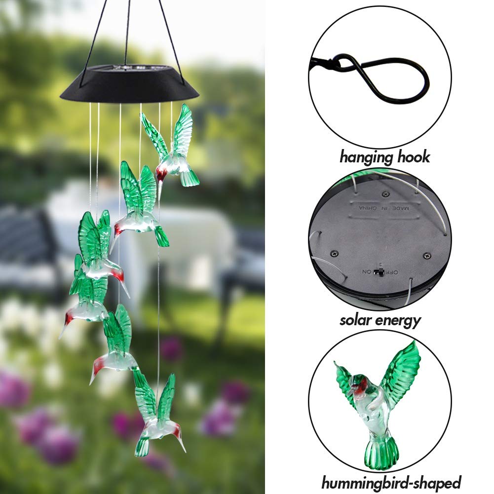 1PC Colorful Gradient Garden LED Wind Chimes Decorated Solar Hummingbird Landscape Garden Lights Decorated Atmosphere