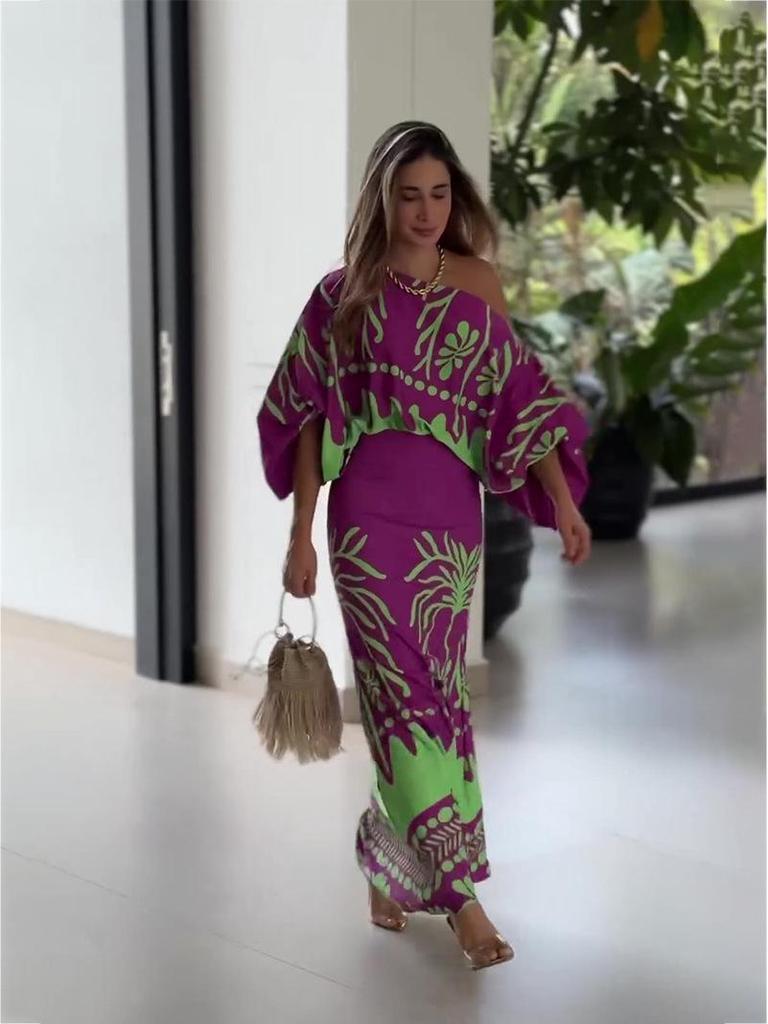 European Spring Fashion 2026: Off-the-Shoulder Print Long Sleeve Skirt Suit Women's Two-Piece Set