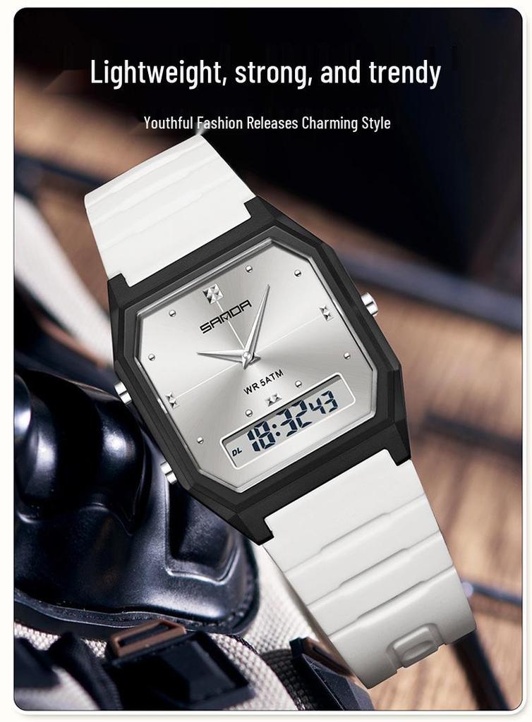 Sanda TEMU Men's Sports Watch: Hot-Selling, Waterproof, Luminous, Thin Square Design, Dual Display, Three Time Zones.