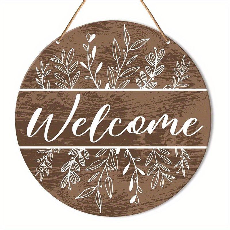 Rustic Floral Welcome Round Wooden Hanging Sign, Farmhouse Front Door Decor, 2D Flat Wooden Wall Ornament