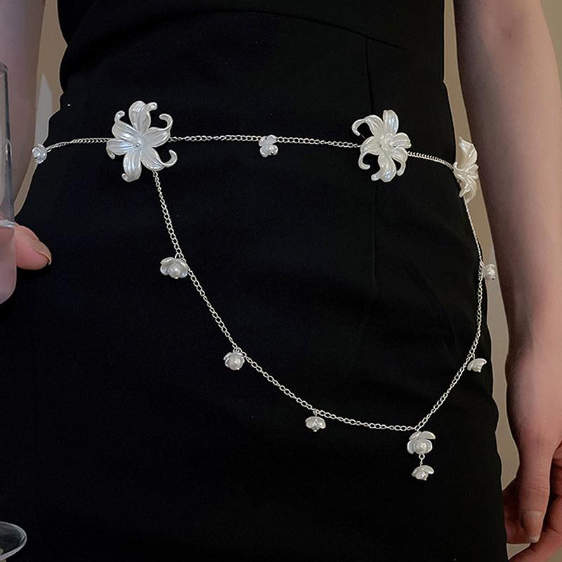 Flower Pearl Tassel Necklace Ladies Sexy Pearl Multi-Layer Body Chain Elegant Waist Chain For Beach Outfit  Accessory