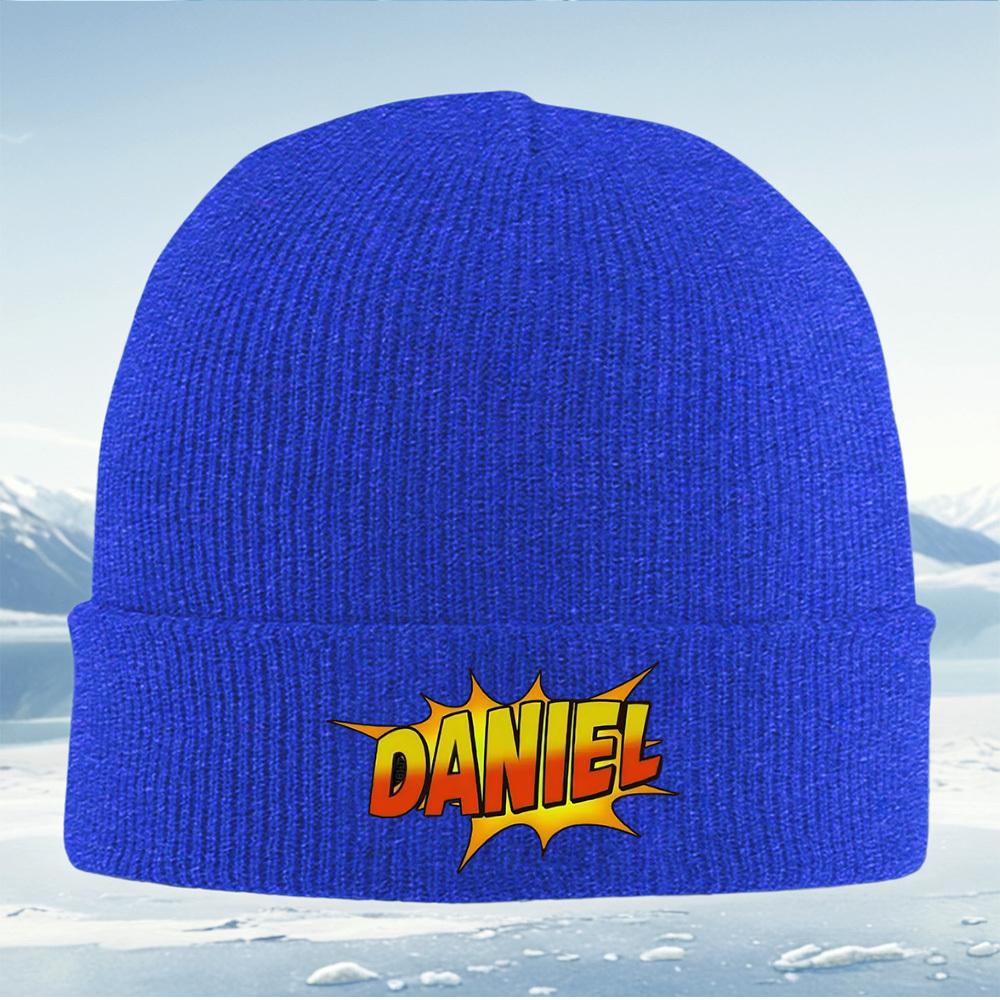 Comic style textname Daniel in bold Men Women Unisex Knitted Hat Beanie Pullover Cap Winter Thermal Warm Christmas Outdoor Cyc