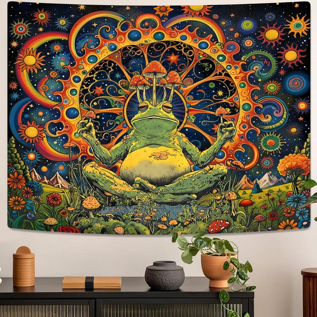 ARTCREATOR Funny Vintage Frog Mushroom Tapestry, Whimsical Mushroom Decor Hippie Wall Tapestries for Living Room Bedroom (29" X 37")