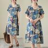 Temperament V-neck MIDI Vintage Print Loose A-line Skirt Short-sleeved Dress