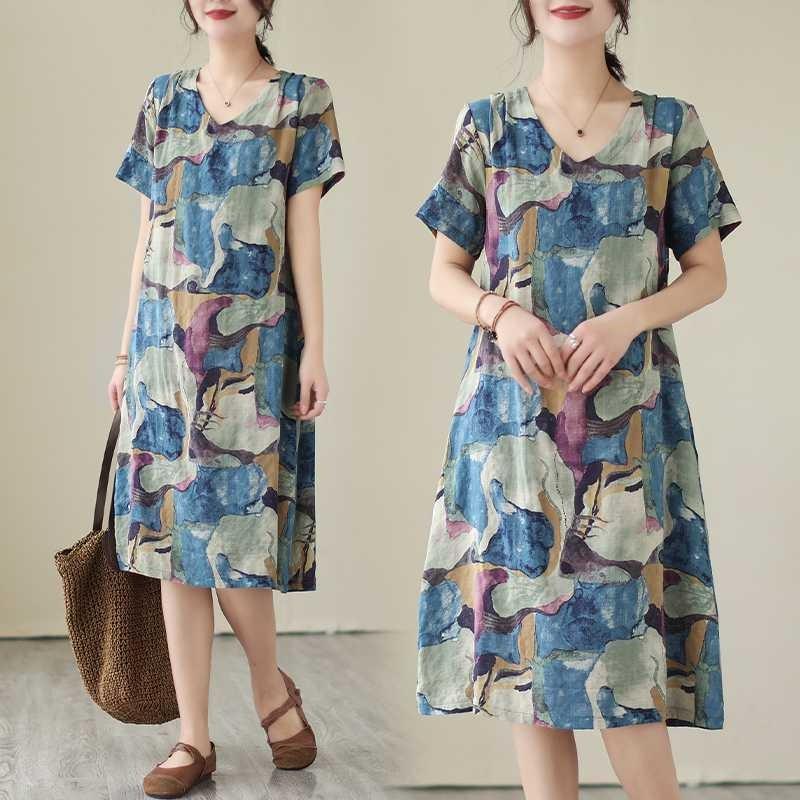 Temperament V-neck MIDI Vintage Print Loose A-line Skirt Short-sleeved Dress