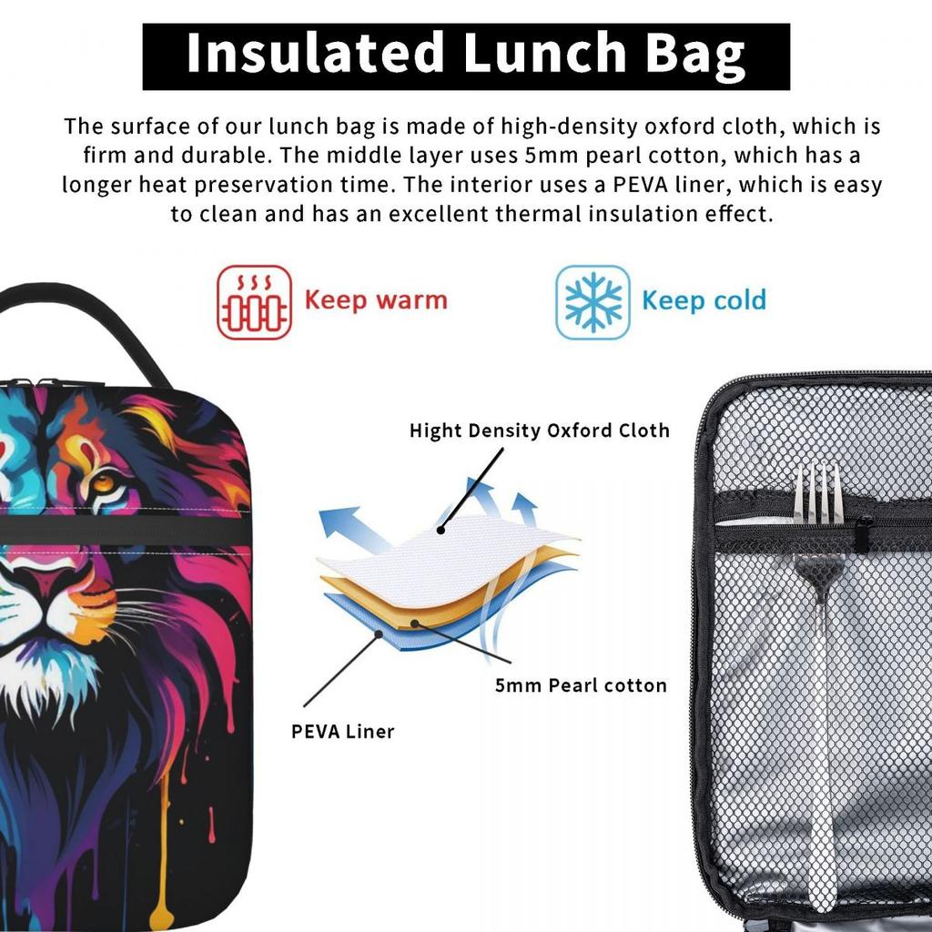 Bunte Löwendruck-Isolierte Lunchtasche für Damen Kinder Tragbare Lebensmittelboxen Thermische Lunchbox Tragetasche