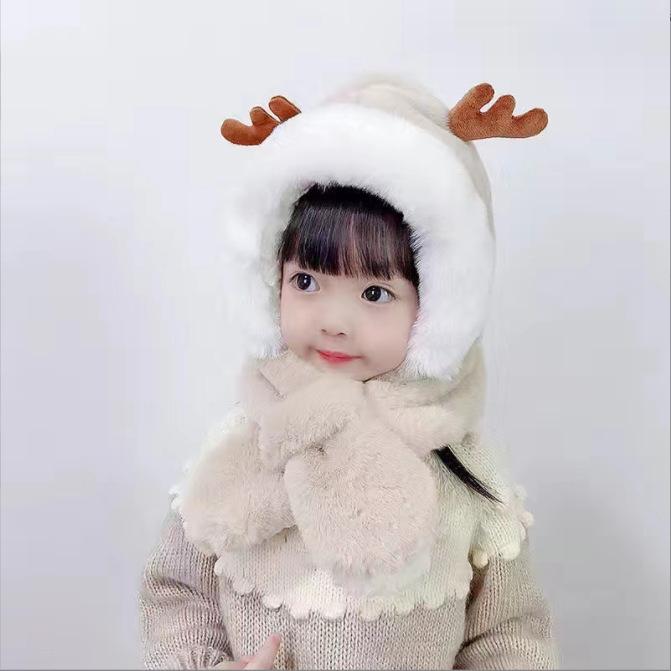 Autumn and Winter Children's Scarf Integrated Baby Plush Cute Boys and Girls Scarf Ear Cap Winter Plush Baby