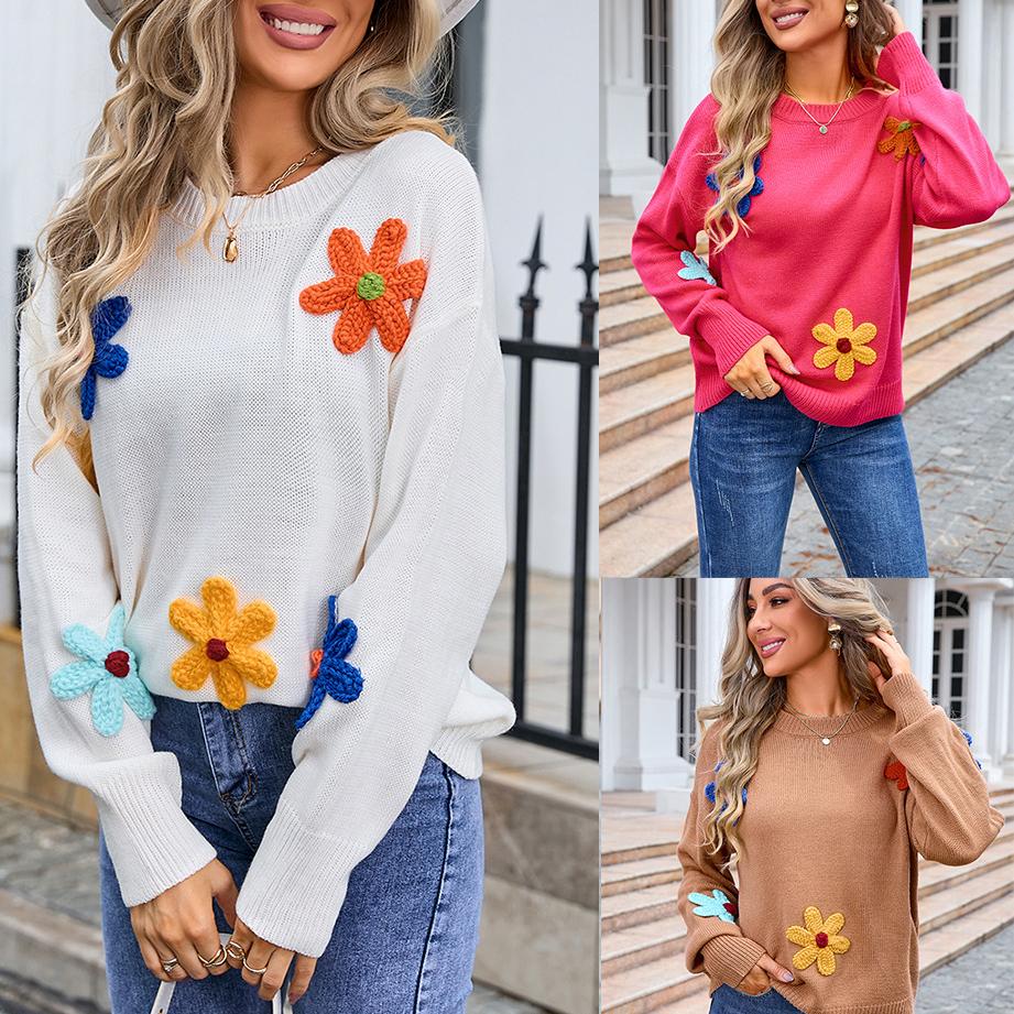 Autumn and Winter Women's Pullover Long Sleeve Floral Sweater Big Size Loose Round Neck Sweater
