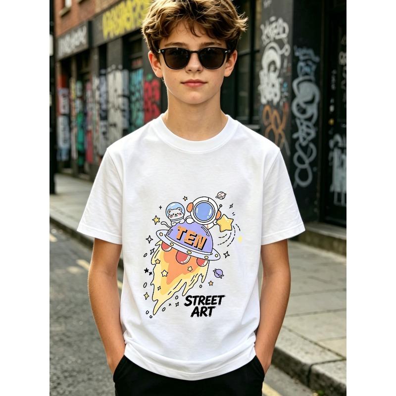 Boys Crewneck Short Sleeve T-Shirt, Cute Cartoon Space UFO Astronaut Pet Print 110