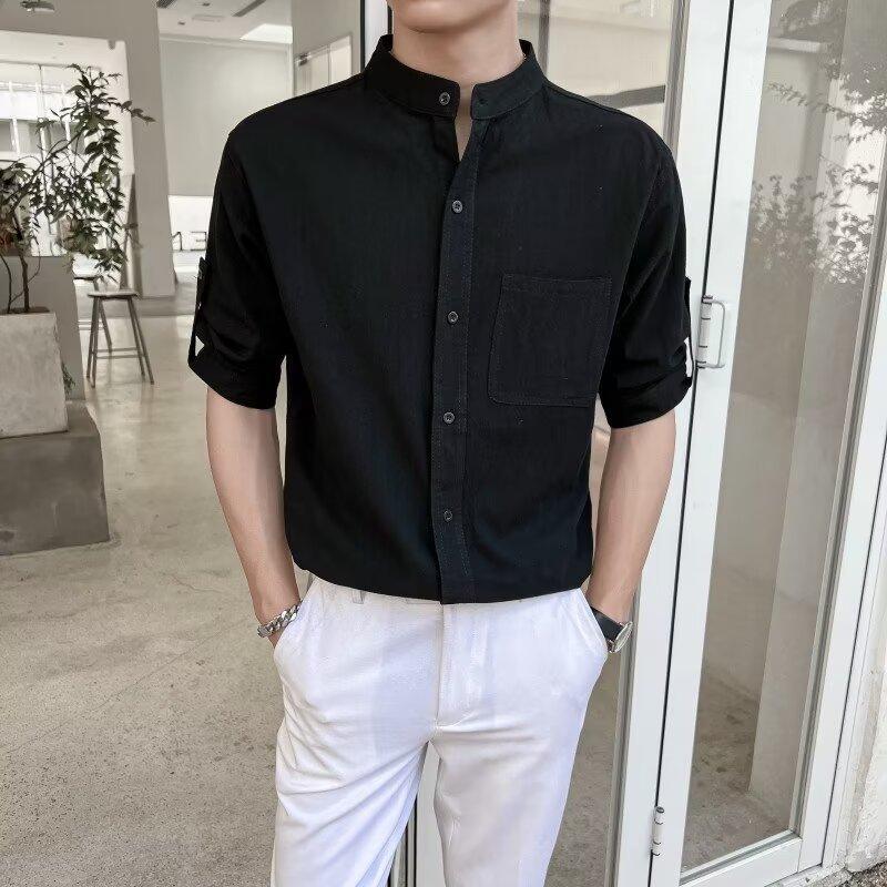 High-end Wrinkle Wave Free Ironing Fabric Thin Stand Collar Shirt Men's Short-sleeved Round Neck Shirt