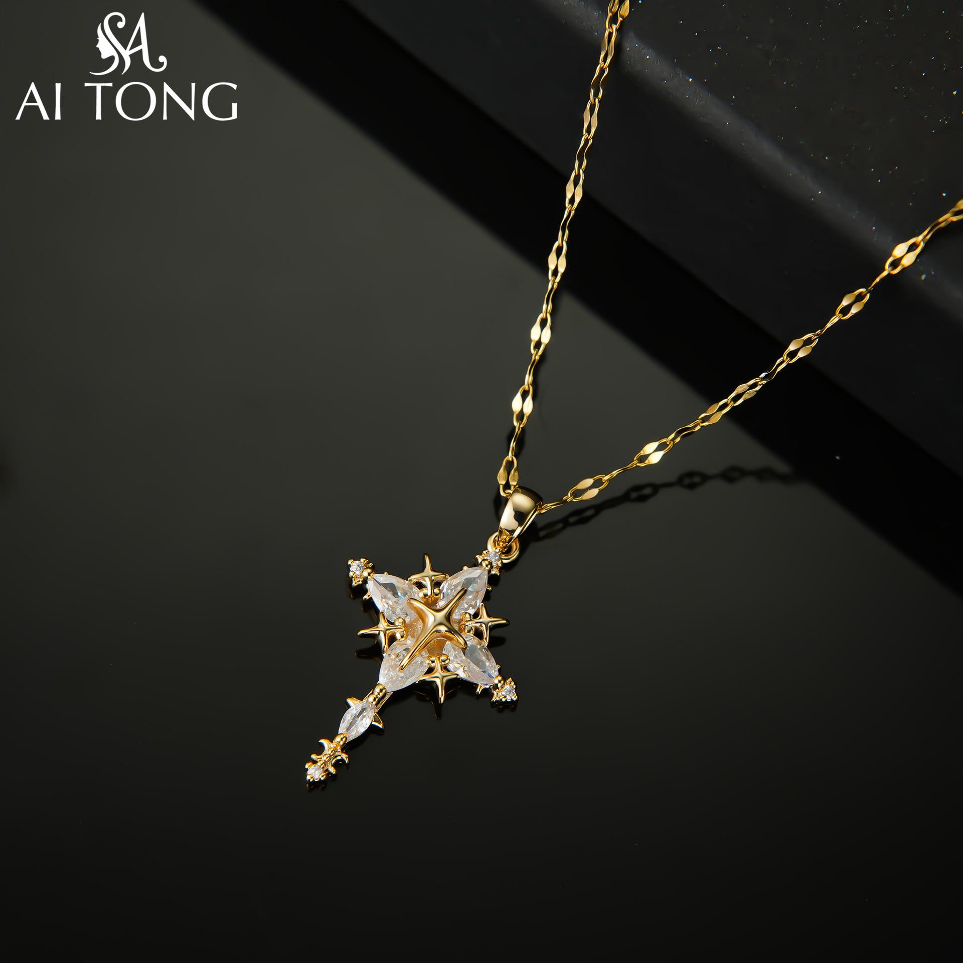 Accessories Punk Wind Snowflake Tetragonal Star Necklace Cross Cold Feeling Necklace Retro Personality Niche Necklace золотой