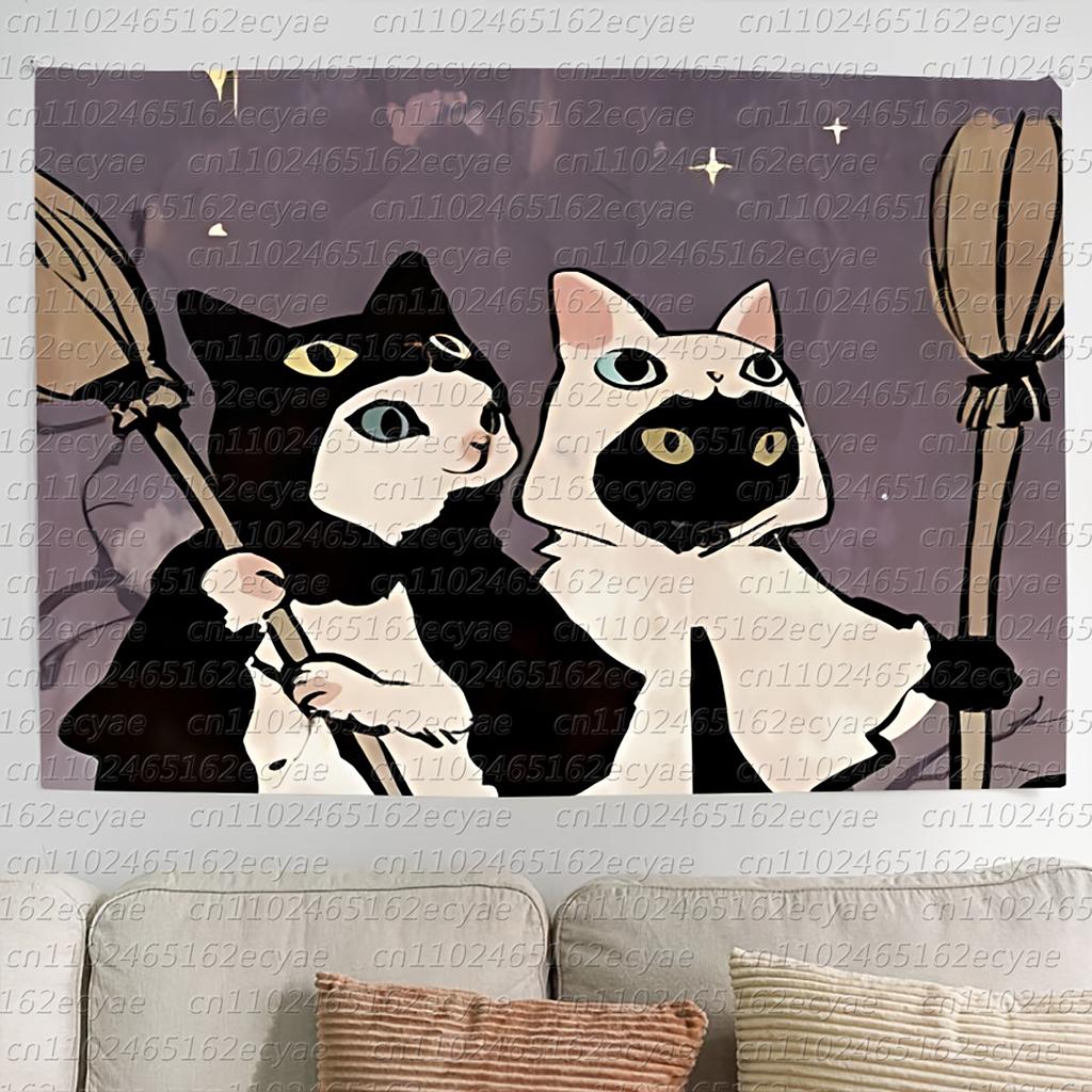 1pc Black and White Cat Cartoon Tapestry Wall Hanging for Living Room Bedroom Decoration Includes Simple Installation Kit