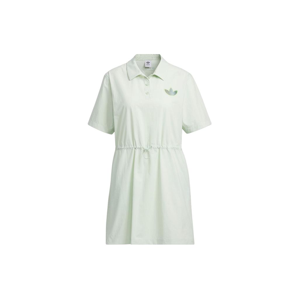 Adidas Originals Dress With Trefoil Logo And Drawstring Waist Short Sleeve Polo Women Dress Linen-Green IK8631