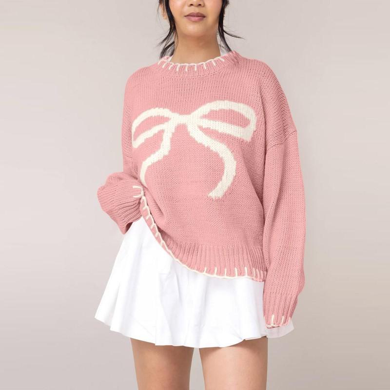 Womens Oversized Knit Sweater With Bow Embroidery Loose Fit Cozy Winter Pullover