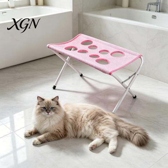 Cat Nail Trimming Sling Pet Grooming Table with Foldable Stand, Adjustable Strap, Hammock, 8-Hole Bathing Restraint Net Washing Station