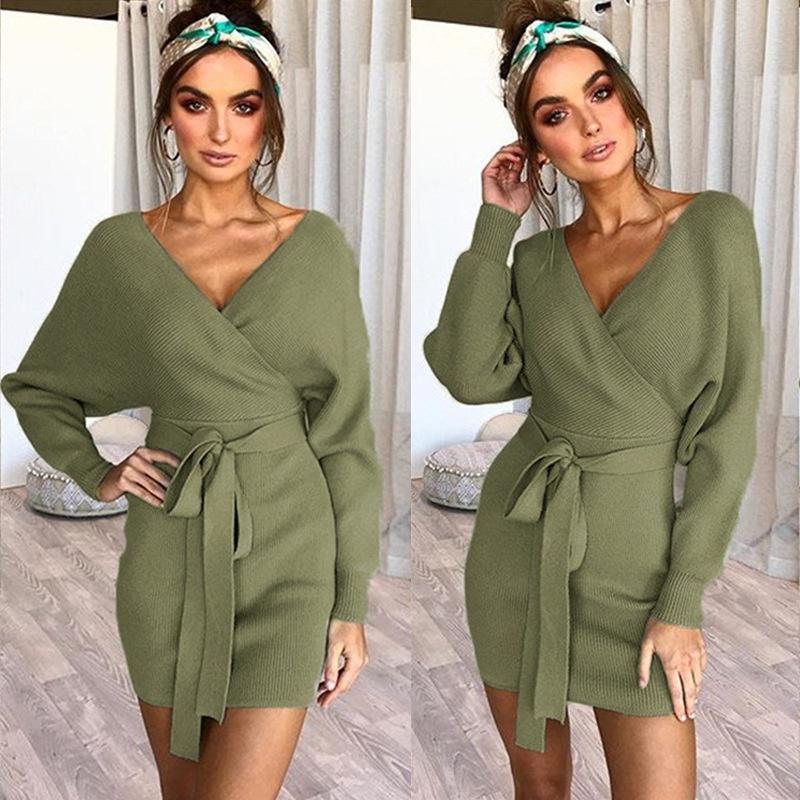 Elegant Women's V-neck Bodycon Jumper Dress With Long Sleeves And Tie Belt