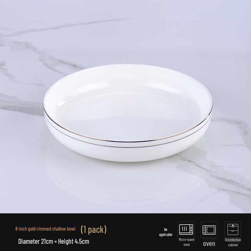 Ceramic Gold Rim Bone China Tableware Set - Microwave Safe Deep Plate, Rice Bowl for Home and Hotel Use.
