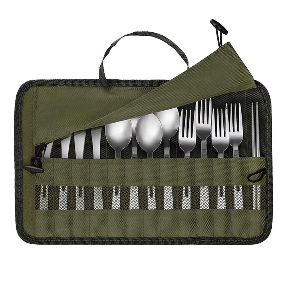 Portable Tableware Storage Bag 13 Slots Roll Up Style Organizer Pouch Oxford Cloth Cutlery Storage Bag Outdoor Camping Use
