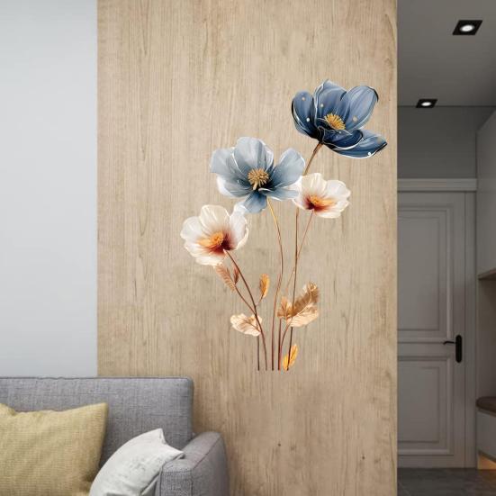 3D Flower Wall Stickers Removable Waterproof Floral Wall Decal Gold Blue White Peel