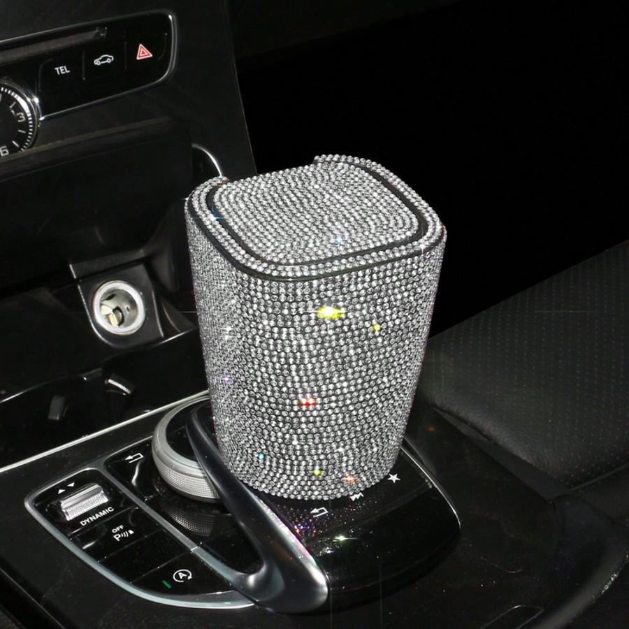 1pc Luxury Sparkling Crystal Ashtray with Lid, Glittering Cup Holder Design, Crystal Decorative, Portable Smokeless Cylinder