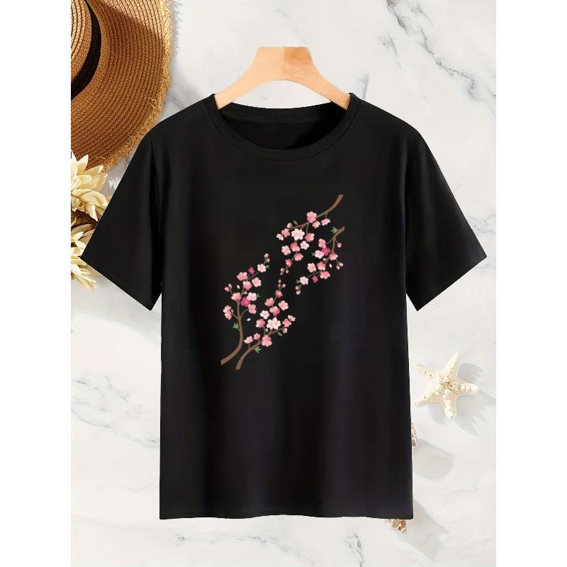 Women's Crew Neck Short Sleeve T-Shirt Cherry Blossom Pattern Japanese Festival Element Print Casual Trendy Spring Summer Top