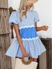 Blue & White Striped Patchwork Lace Puff Sleeve Petite Dress