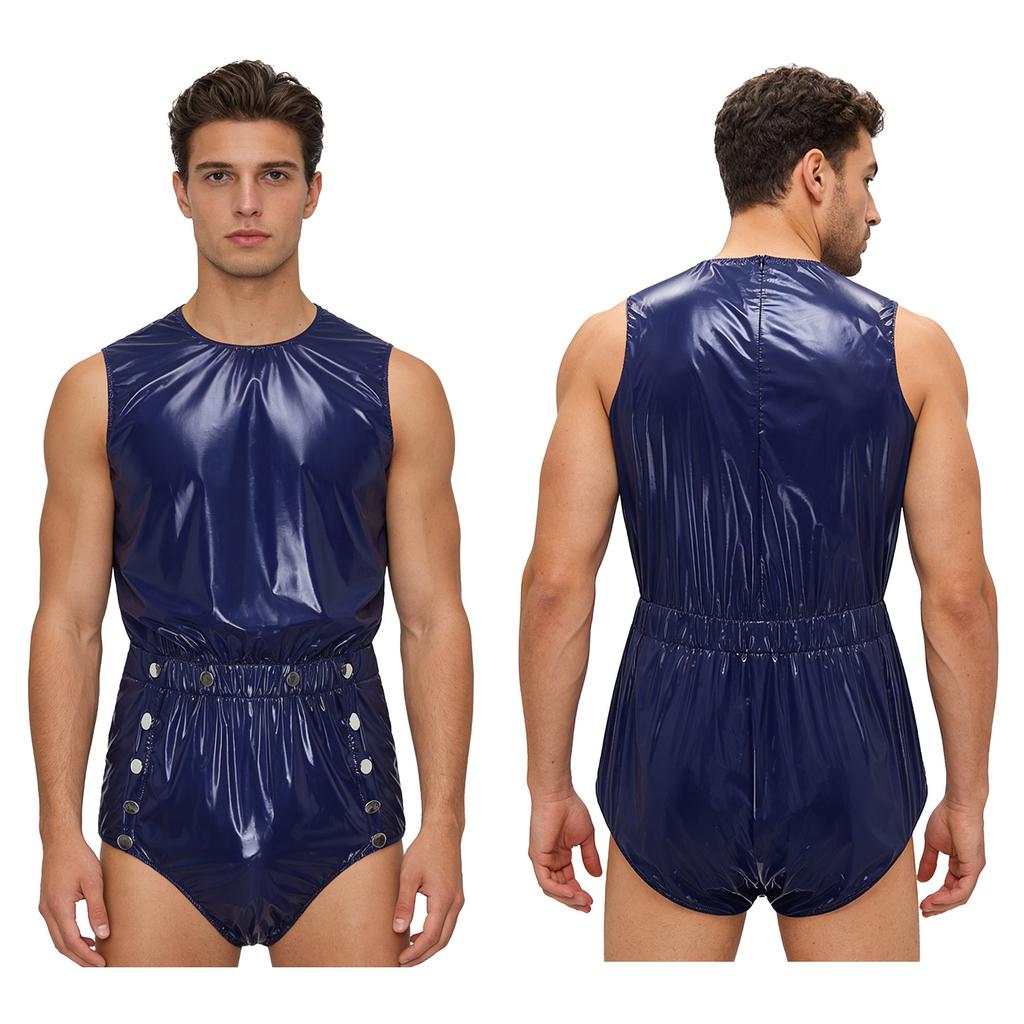 S-3XL Mens Waterproof Bodysuit Openable Crotch with Buttons Sleeveless Back Zipper Elastic Waistband One-piece Romper Jumpsuit for Clubwear Swimming