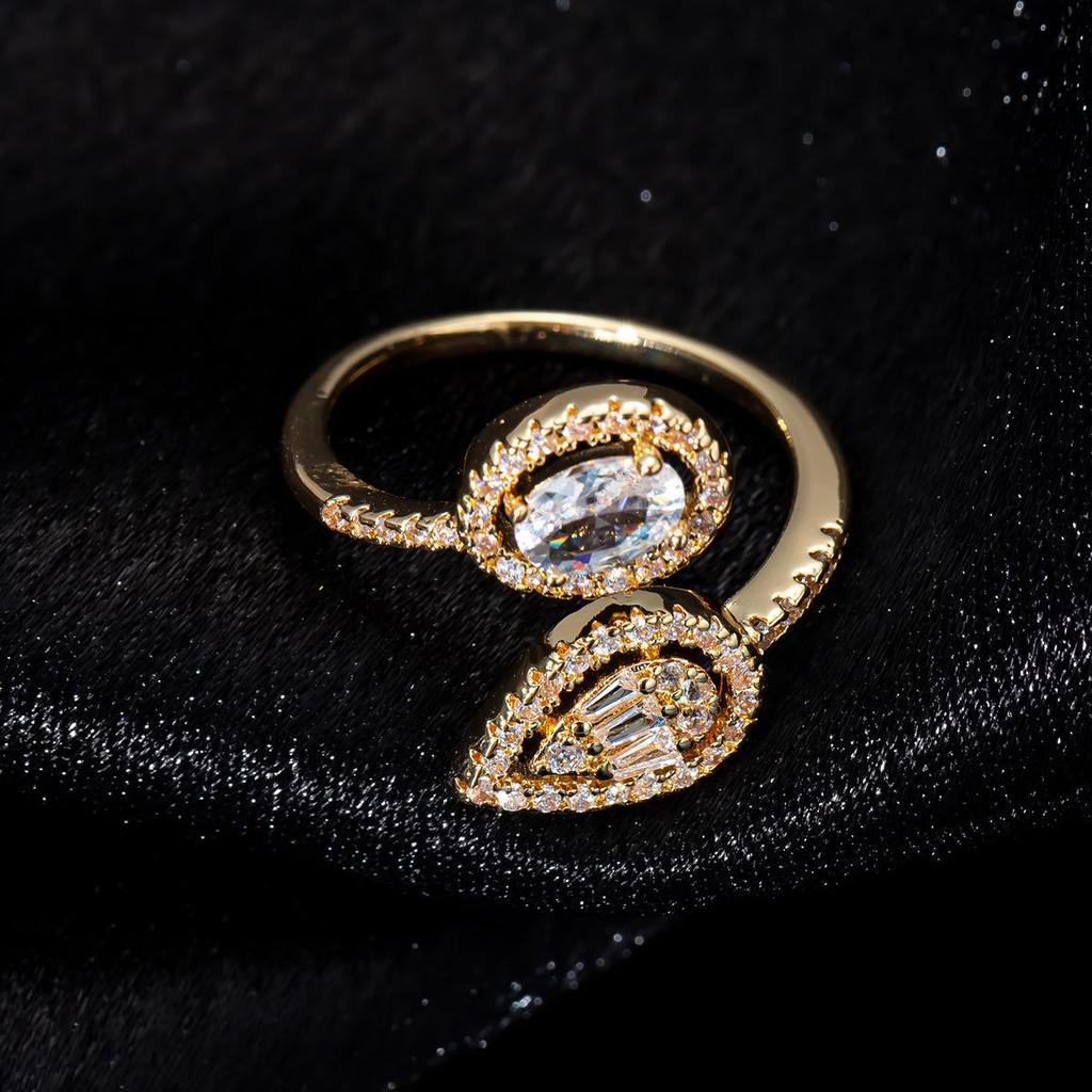 2026 Women's Light Luxury Double Stone Adjustable Ring, Oval & Pear Shape, Bright Silver, Full Pave Zirconia.