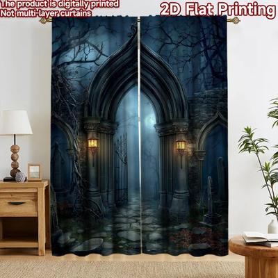 2D Flachdruck 2 Stück Vorhang Szene Vorhänge Halloween Spukig Gotisches Tor Digital Bedruckt Polyester Vorhänge Geburtstagsparty
