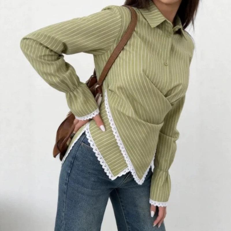 Women S Striped Long Sleeve Shirt Cross Design Elegant Blouse