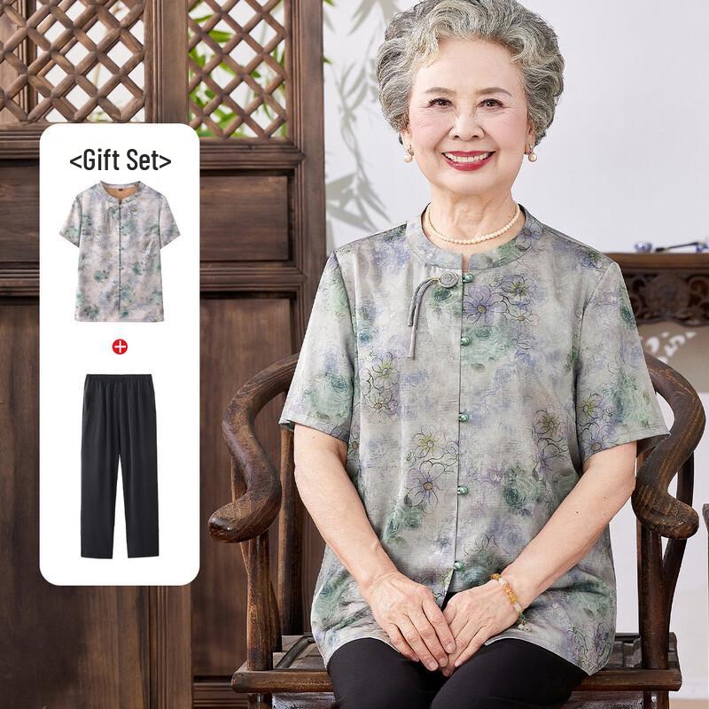 Elderly Women s Summer Breathable Lapel Shirt Set 4XL