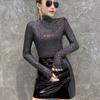 Women's Elastic Sexy Shiny Sequined Bottoming T-Shirt Autumn Fashion Half High Collar Long Sleeve Slim Basic Tops
