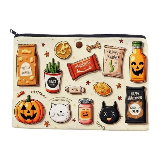 Digital Print Pouch Halloween Theme Cosmetic Bag, Durable Canvas Zipper Makeup Pouch, Storage Bag Portable for Stationery And Daily Cute Organizer