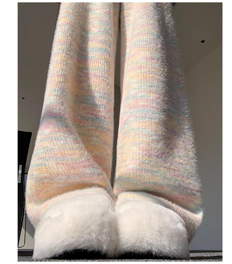 Women's 150cm Rainbow Knit Fleece-Lined Wide-Leg Pants