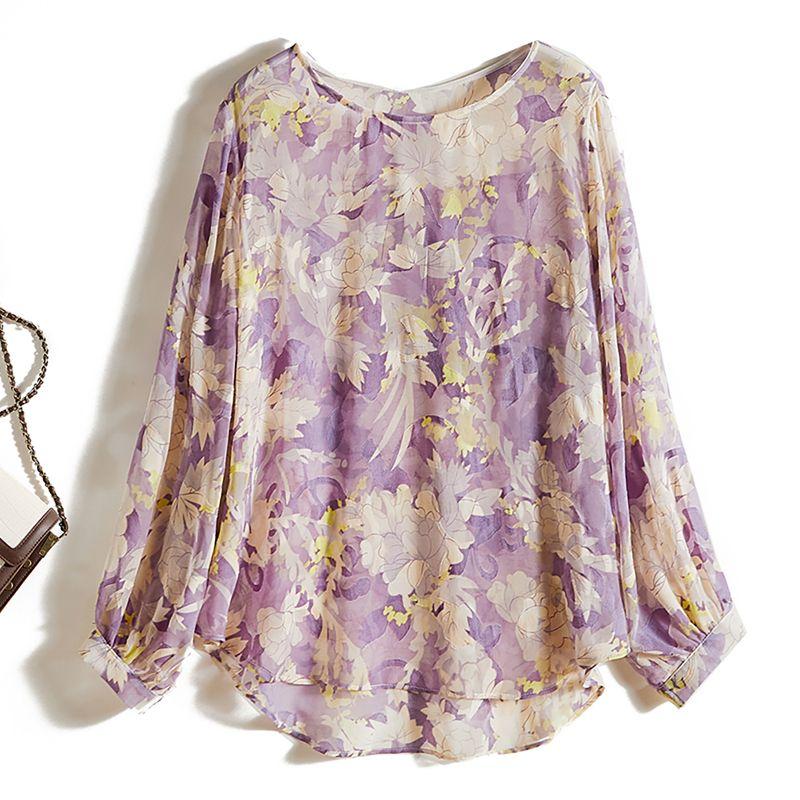 

Mountain Flower Blooming Print Poplin Yarn Long sleeve Lazy Style Women Big Neckline T-shirt Light Summer Sun Protection Clothing Age-Reducing Youth Sky Blue L