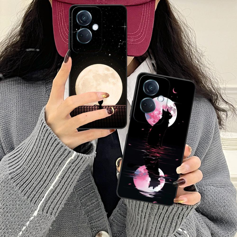 Luna Moon Cat Mobile Phone Case for OPPO Reno 14 13 12 11 10 9 8 7 6 5 F T Pro 5G Colorful Printing Cover Cover Pretty Luxury