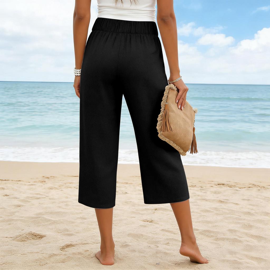 Womens Baggy Wide Leg Pants Summer High Waisted Palazzo Pants Beach Vacation Casual Trousers With Pockets