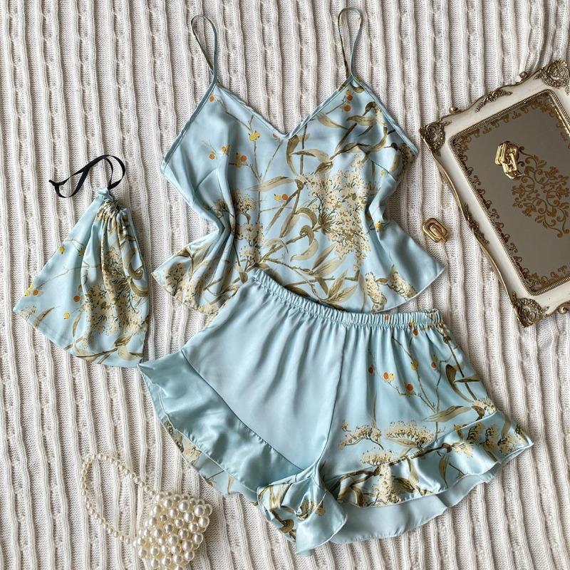 Suspender Women's Four-season Loungewear Lace-up Nightgown Nightdress Two-piece Set, Thin Outer Wear Medium and Long Pajama Set
