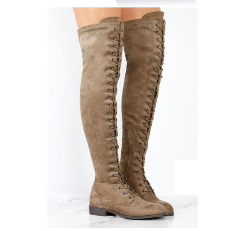 Luxurious Womens Lace Up Low Heel Thigh High Over The Knee Stretch Riding Boots Shoes