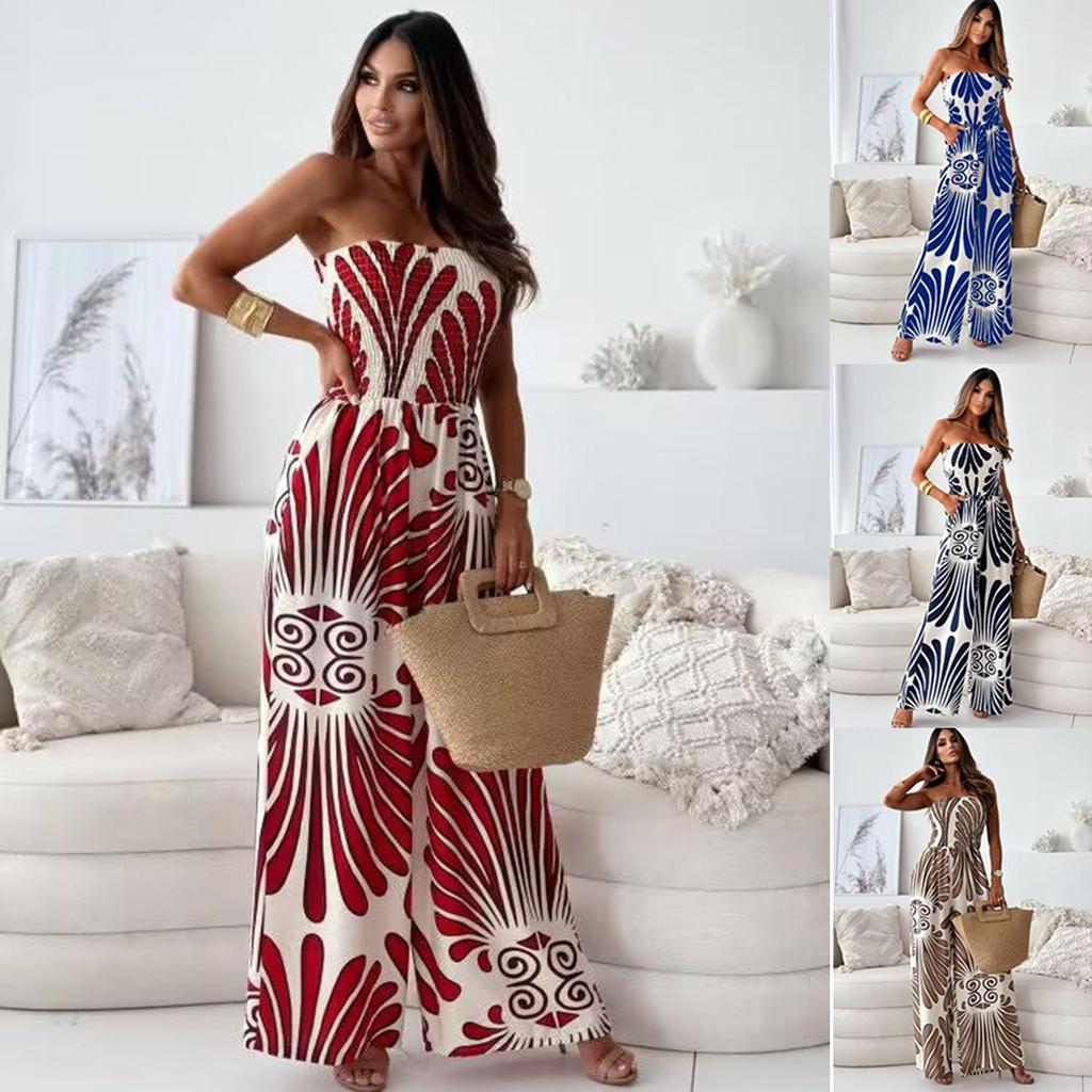 Sommer Neuer Modedruck Trägerloser Jumpsuit mit Hoher Taille, Lässiger Langhosen-Romper für Damen für Europäer Amerikaner