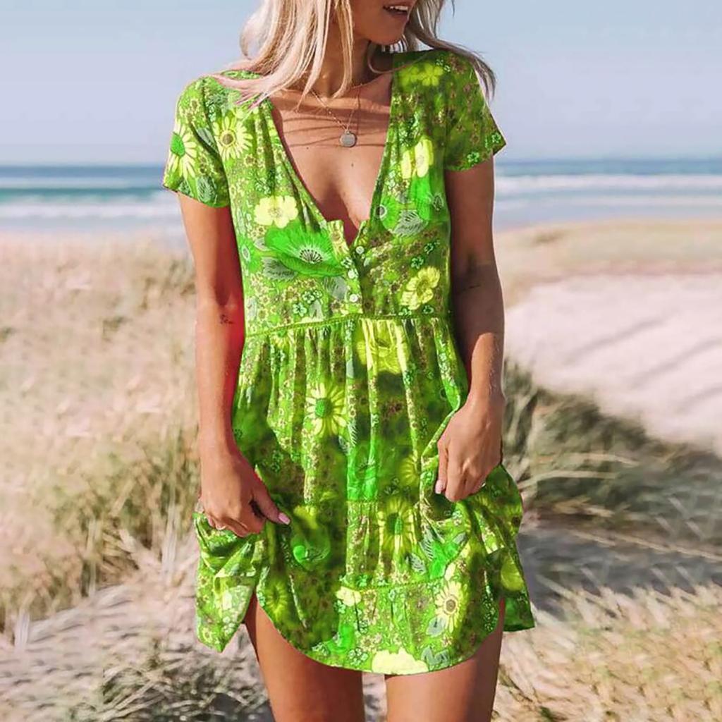 Dámská móda Ležérní šaty s volným výstřihem do V a krátkými knoflíky s potiskem